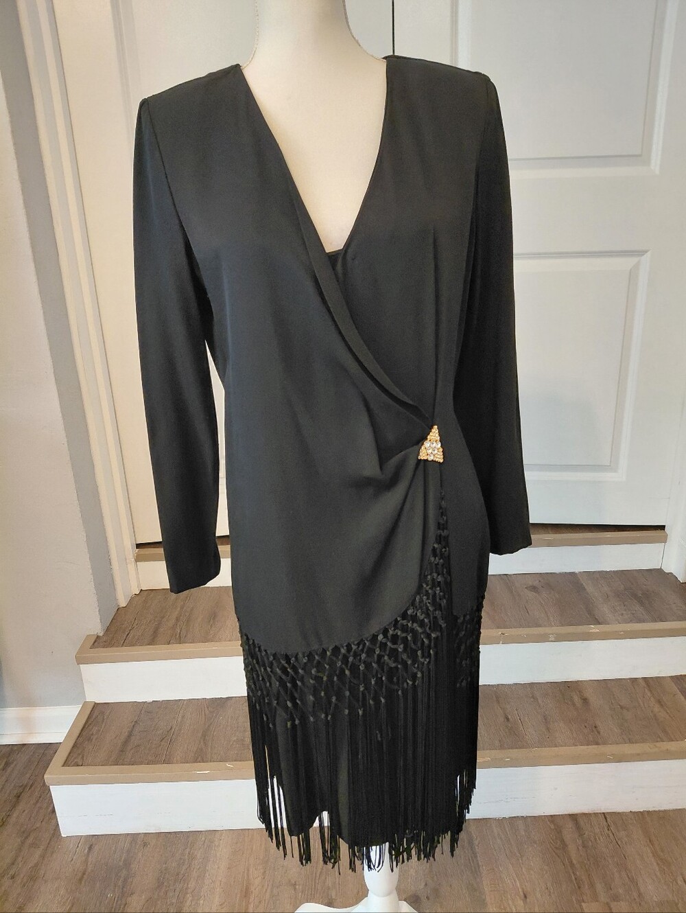 Vintage Night Magic Long Sleeve Black Fringe-Trim V-NecK Pencil Dress SZ 10 EUC